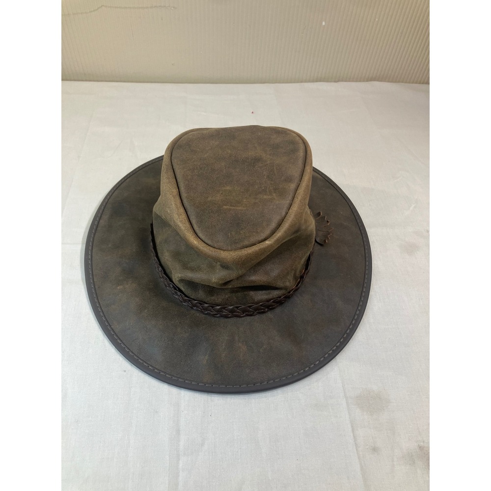 American Hat Makers Brown Leather Outback Cowboy Hat XL Made in USA Wide Brim